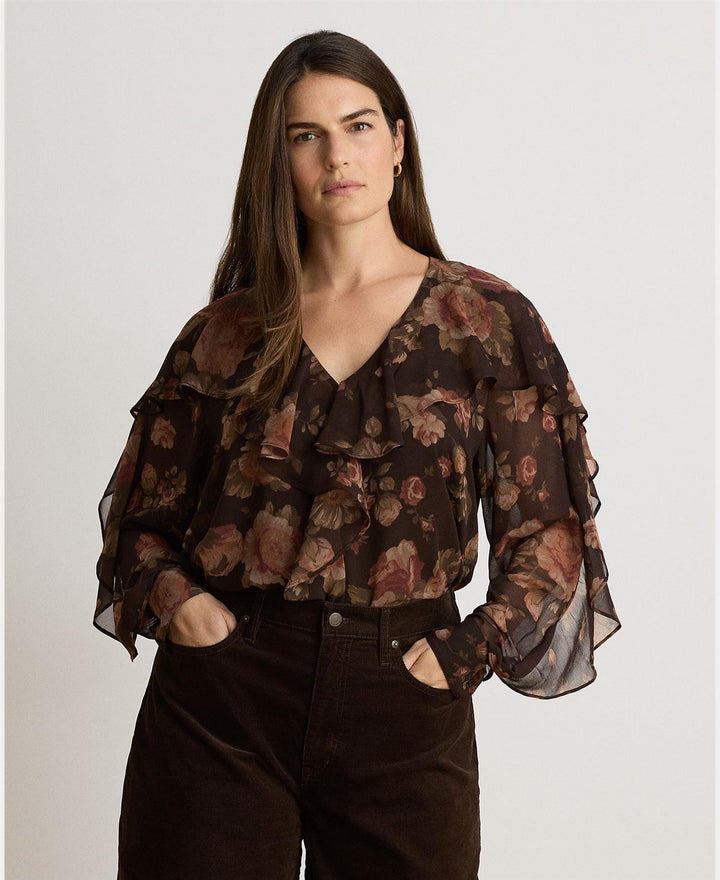 Floral Ruffle-Trim Chiffon V-Neck Blouse