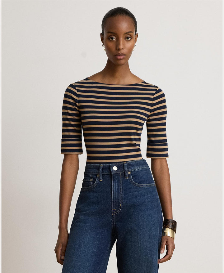Striped Stretch Cotton Boatneck Tee