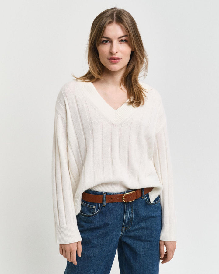 Wide Ribbed Wool V-Neck