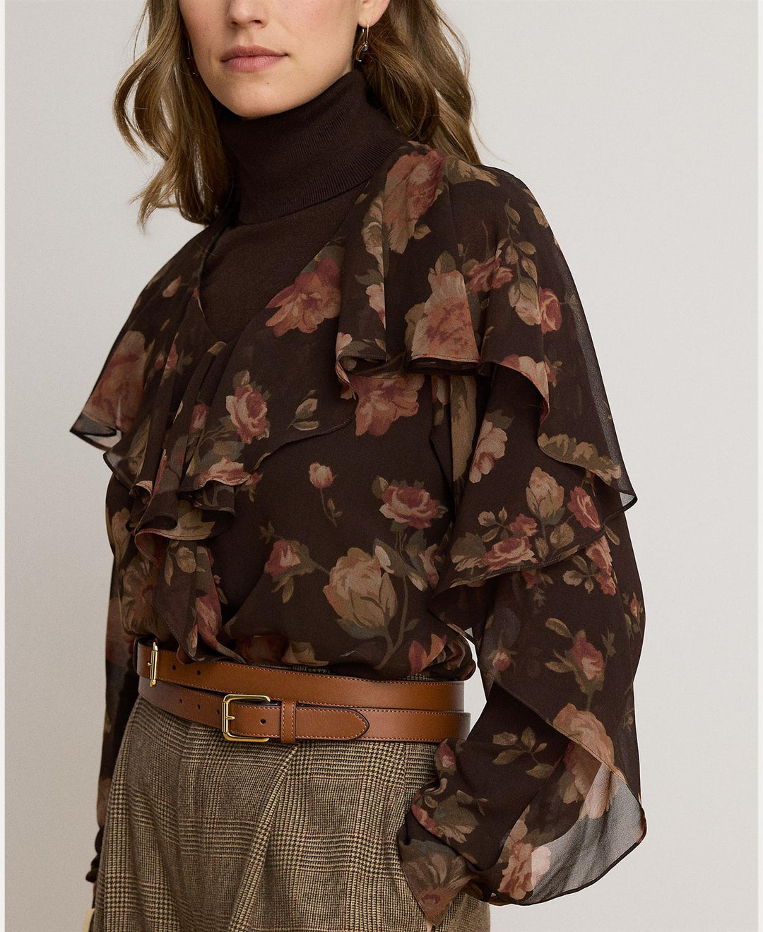 Floral Ruffle-Trim Chiffon V-Neck Blouse