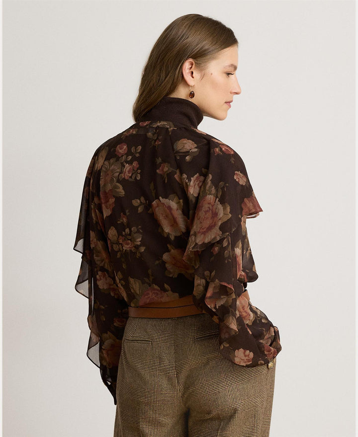 Floral Ruffle-Trim Chiffon V-Neck Blouse