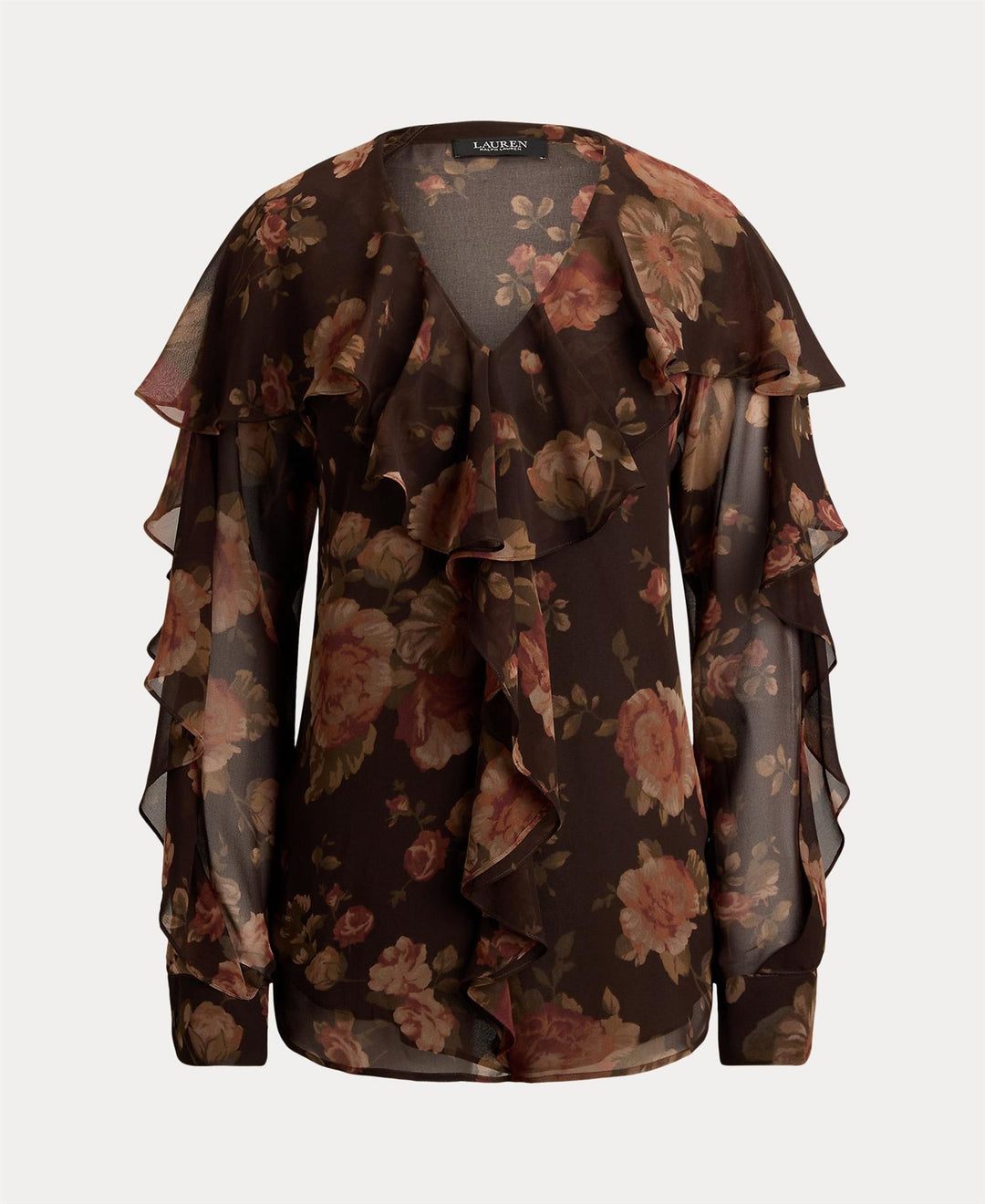 Floral Ruffle-Trim Chiffon V-Neck Blouse