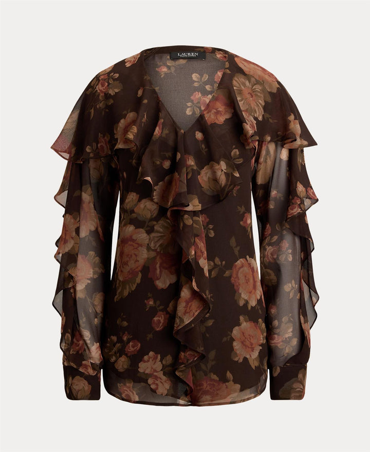 Floral Ruffle-Trim Chiffon V-Neck Blouse