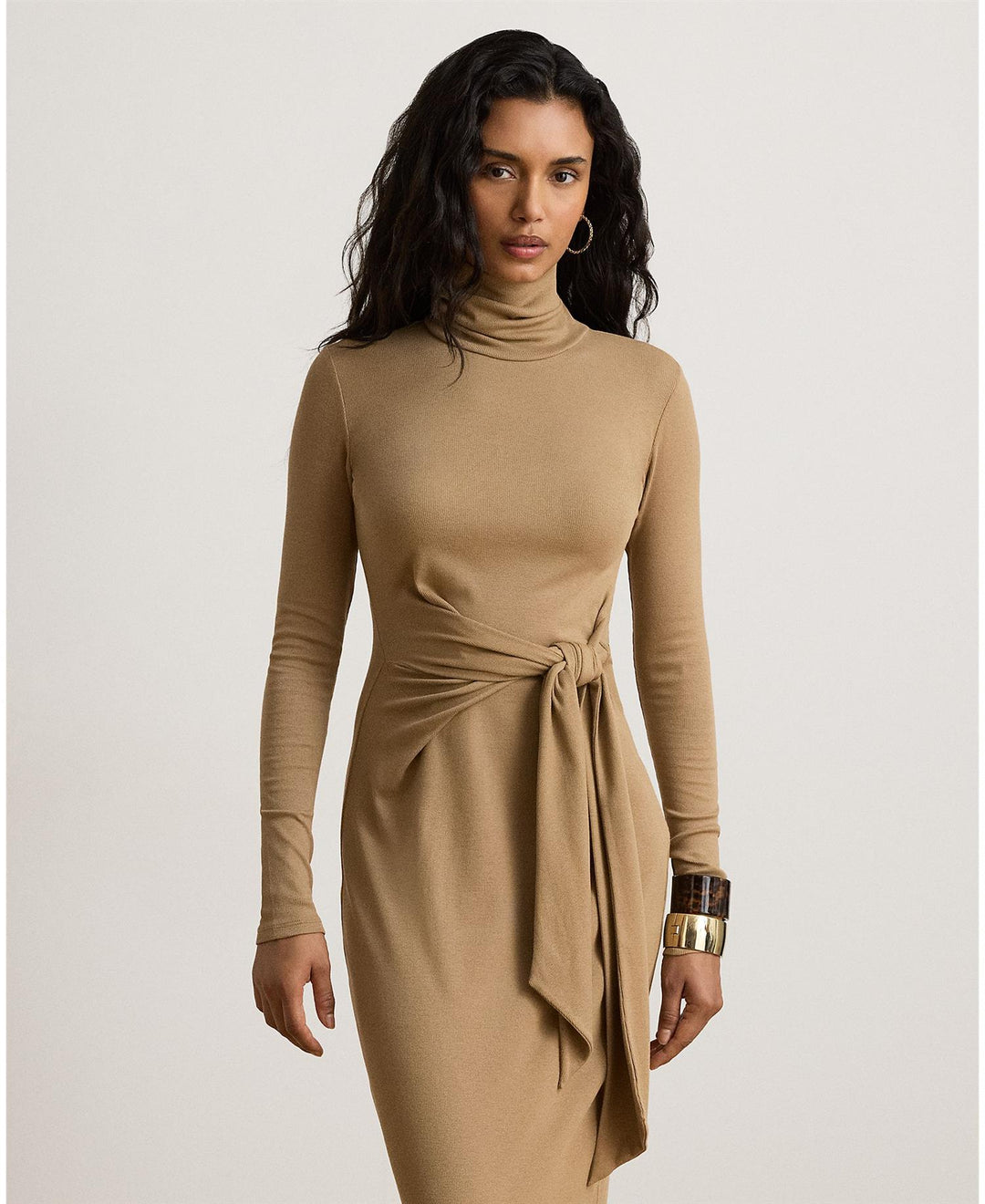 Tie-Front Cotton-Blend Turtleneck Dress