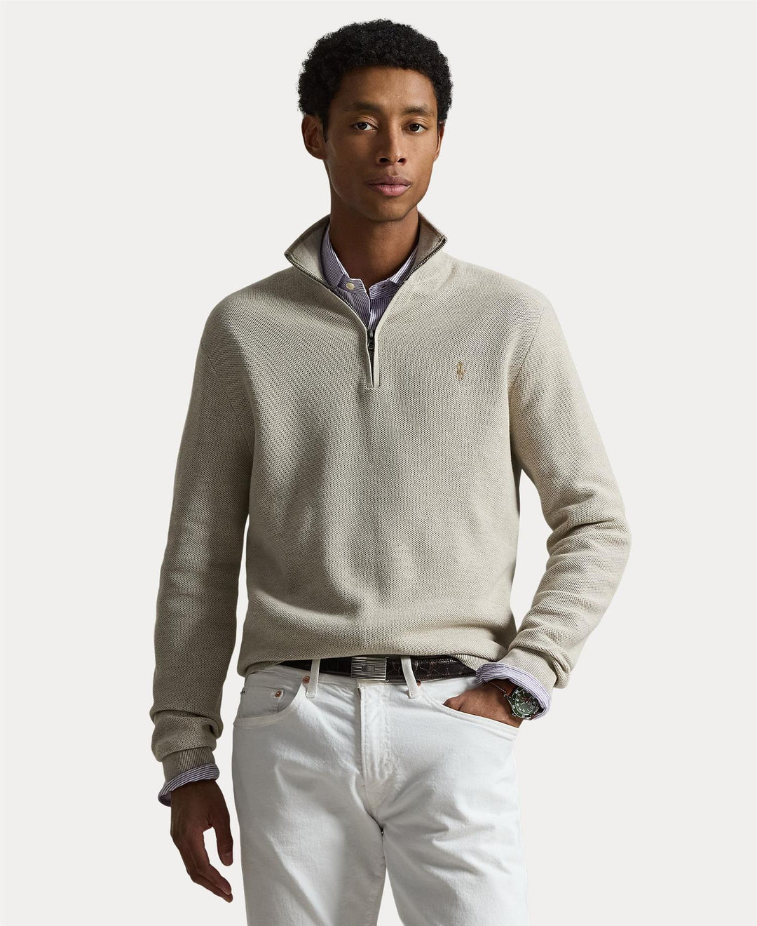 Mesh-Knit Cotton Quarter-Zip Sweater